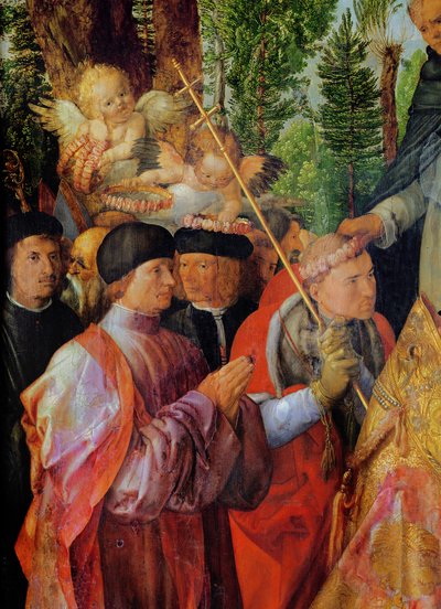 Das Fest der Rosengärten, Detail links: betend, 1506 von Albrecht Dürer